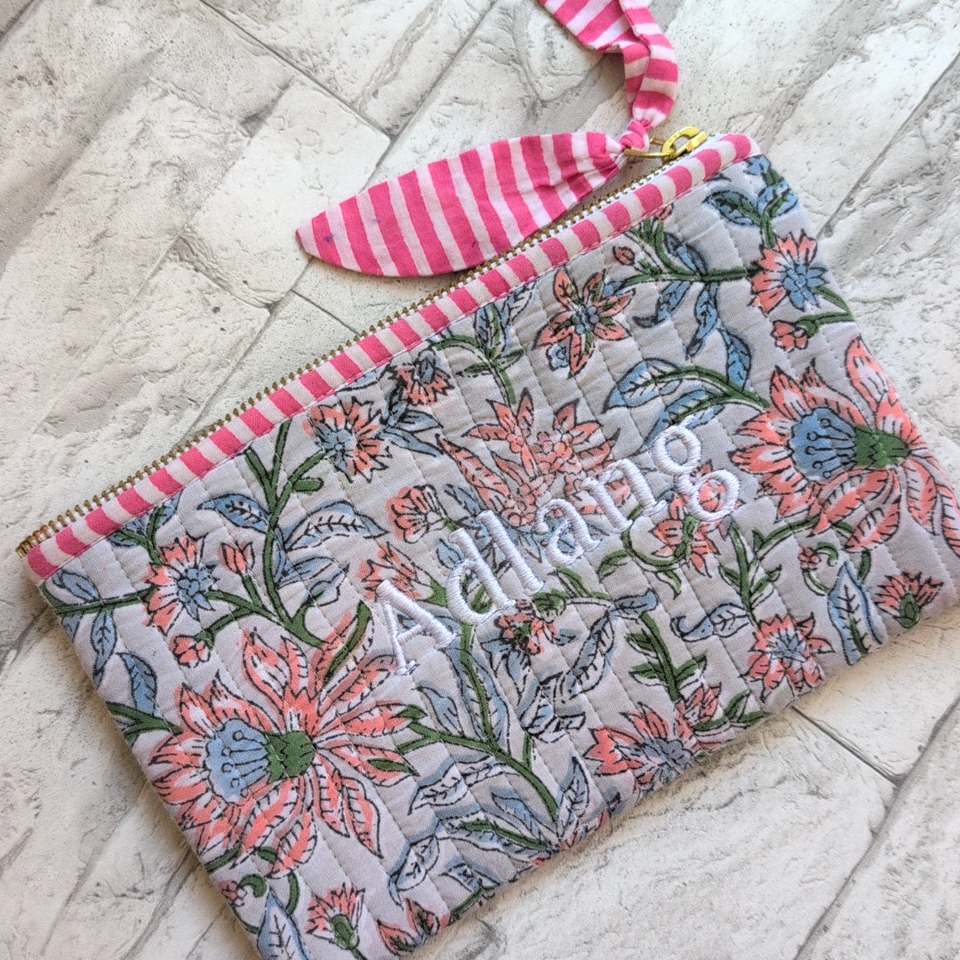 【M】手作りオリジナルフラットポーチ ハンドブロックプリント block print インド マザーズポーチにも