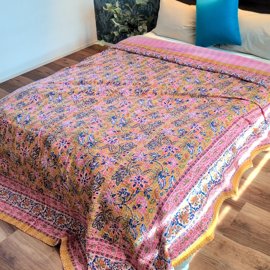 【L】桃色花織 ハンドブロックプリント Block print カンタキルト ベッドカバー #771