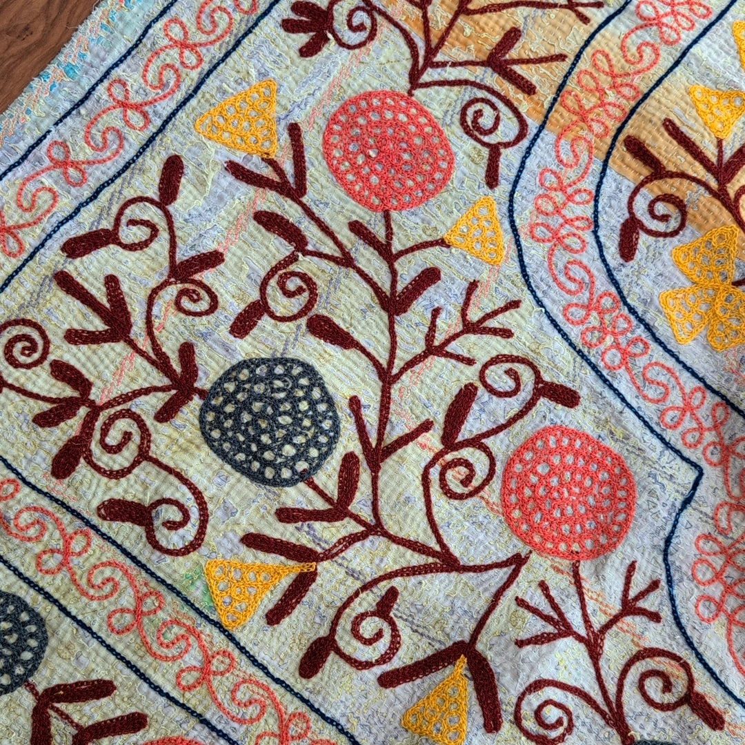 「L」パステル スザニ刺繍 アジアンテキスタイル ソファカバー ヴィンテージ カンタキルト ラリーキルト「小鳥の楽園」#876