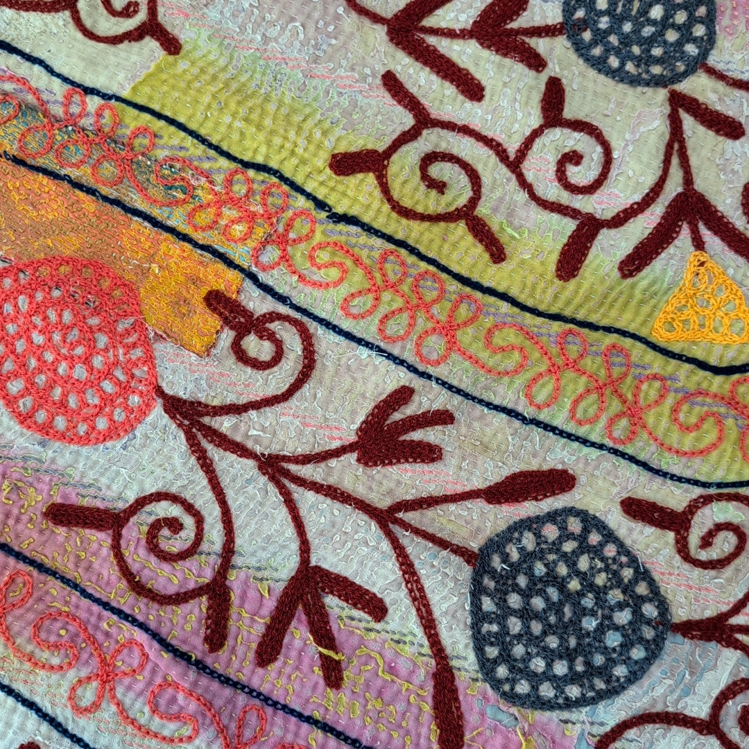 「L」パステル スザニ刺繍 アジアンテキスタイル ソファカバー ヴィンテージ カンタキルト ラリーキルト「小鳥の楽園」#876
