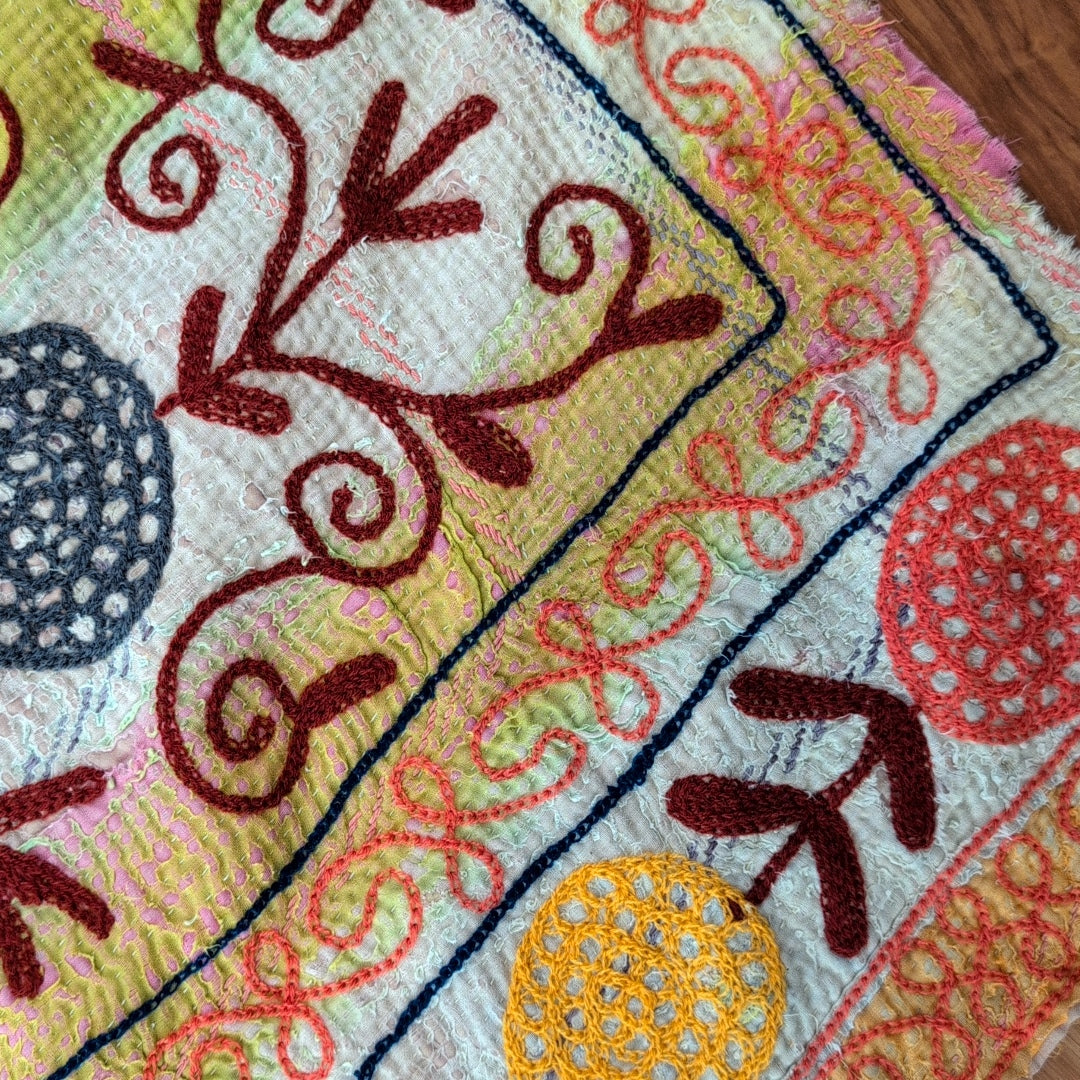 「L」パステル スザニ刺繍 アジアンテキスタイル ソファカバー ヴィンテージ カンタキルト ラリーキルト「小鳥の楽園」#876