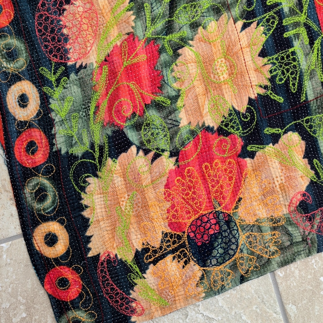 「L」大輪の花グリーン スザニ刺繍 刺子布 ソファカバー ヴィンテージ カンタキルト ラリーキルト #877