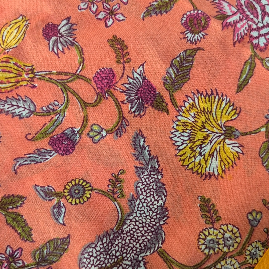 オレンジ花柄 ハンドブロックプリント blockprint リバーシブル 敷物 ナフキン #904