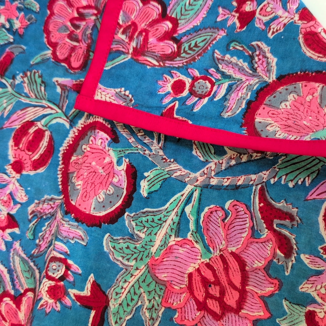 青地×赤の花 ハンドブロックプリント blockprint リバーシブル 敷物 ナフキン #908