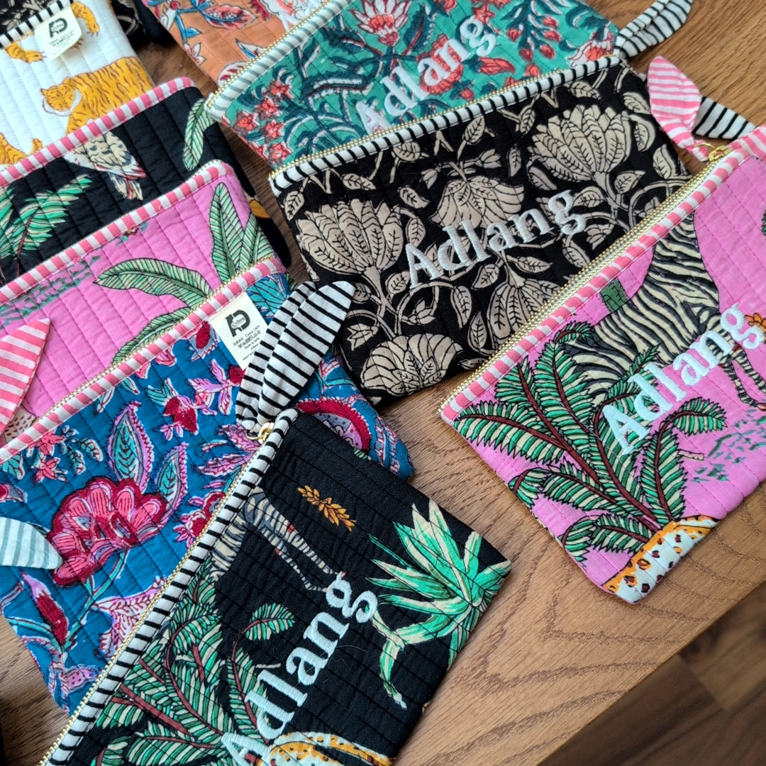 【M】手作りオリジナルフラットポーチ ハンドブロックプリント block print インド マザーズポーチにも