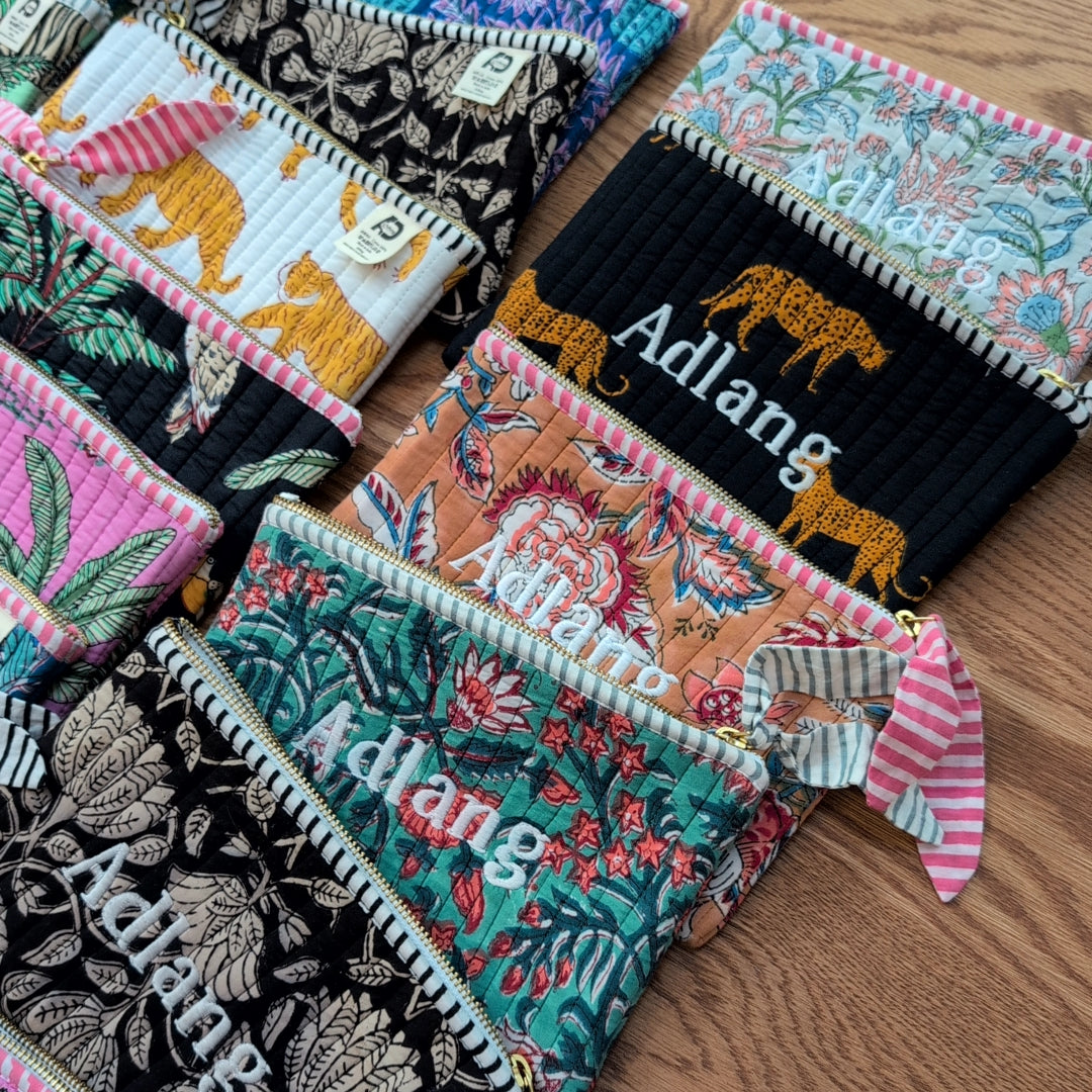 【M】手作りオリジナルフラットポーチ ハンドブロックプリント block print インド マザーズポーチにも