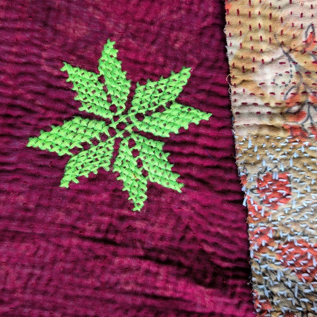 ヴィンテージカンタキルト生地|ラリーキルト|刺繍刺し子布|ハギレ カットクロス#1177