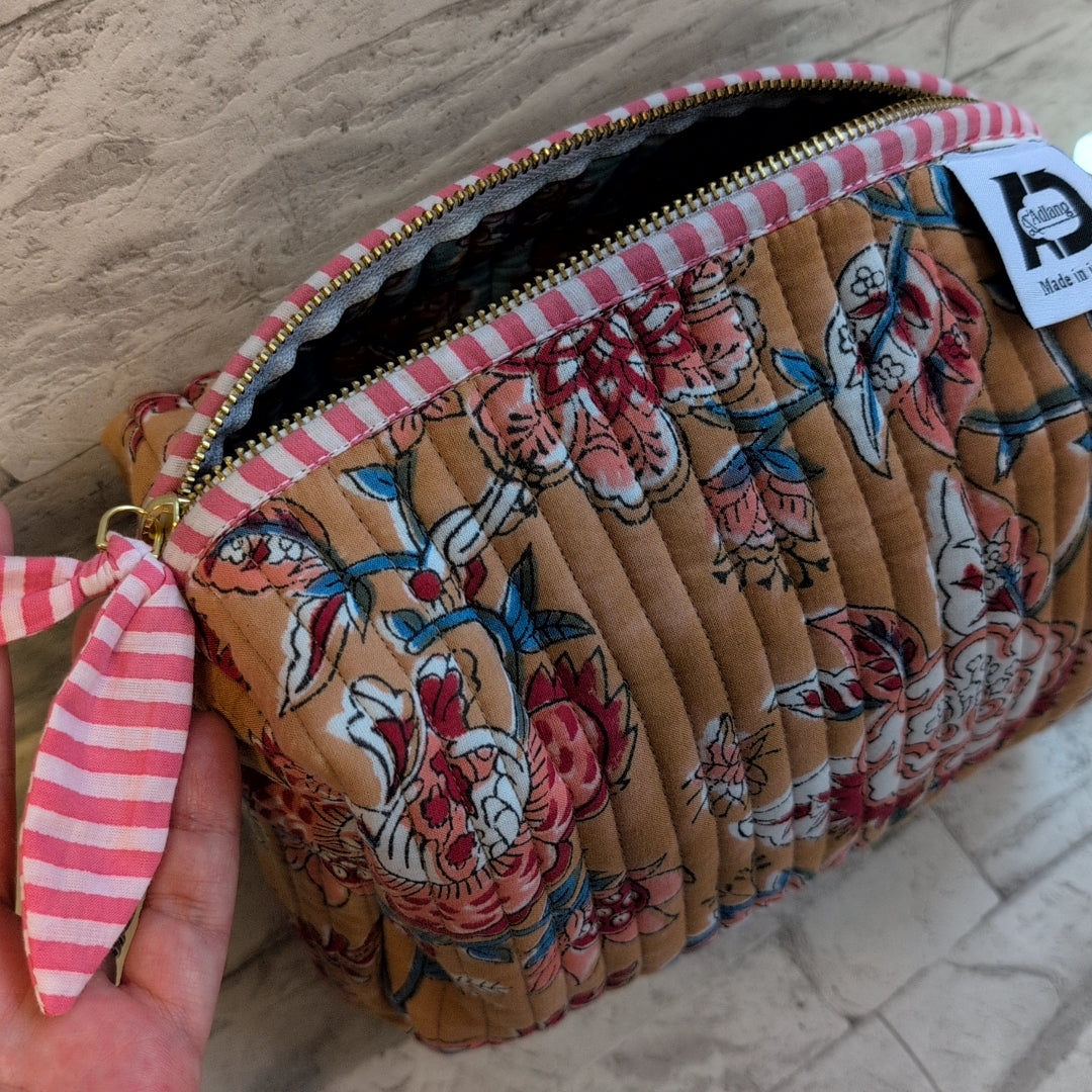 【L】オリジナルビッグポーチ ハンドブロックプリント　block print インド　Handmade  ママポーチにも