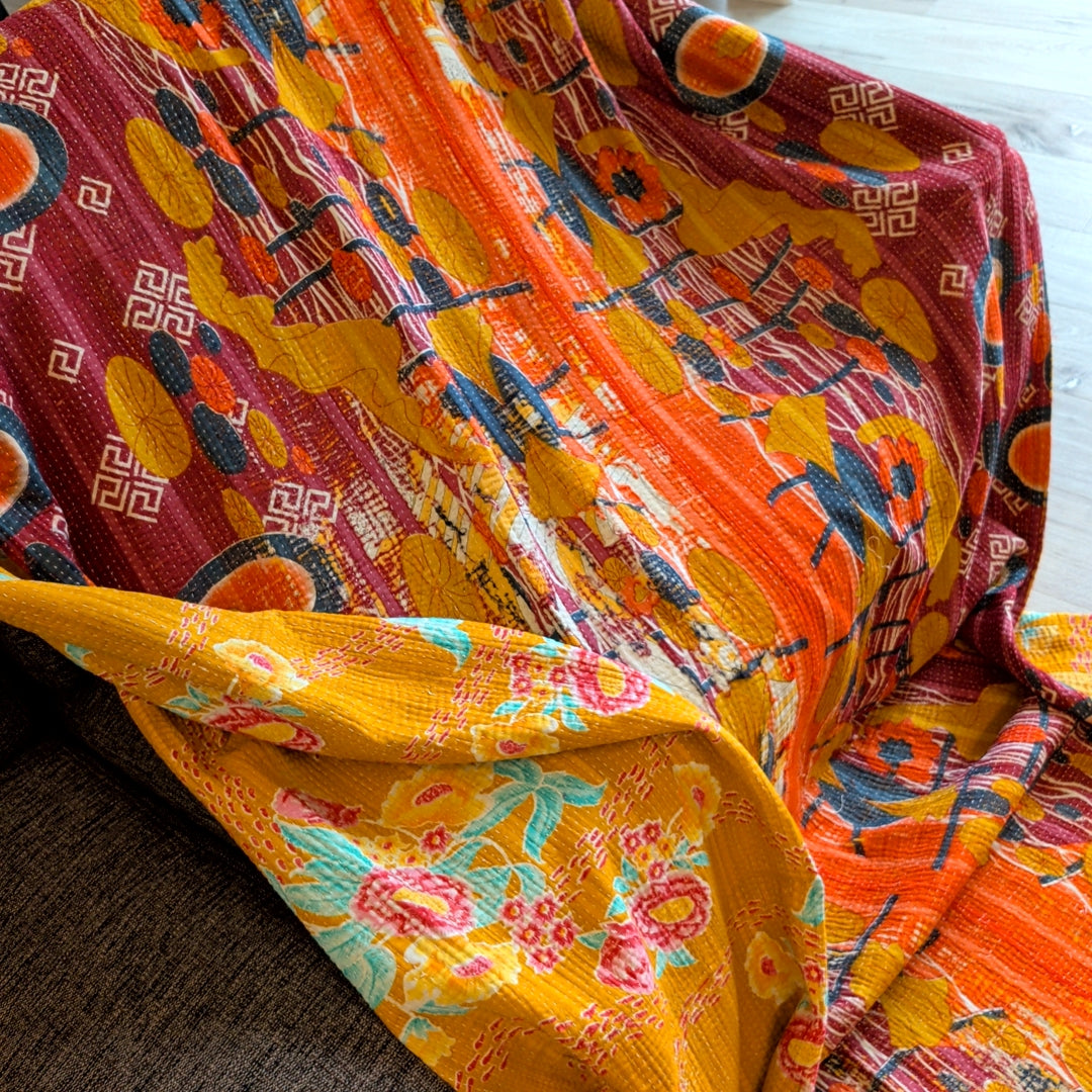 ヴィンテージカンタキルト ラリーキルト kantha マルチカバー ［黄砂の華］#1148