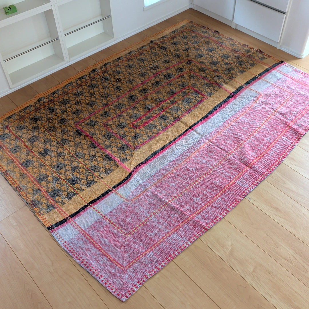 ヴィンテージカンタキルト ラリーキルト kantha ラグマット ［刺繍の庭園］#1161