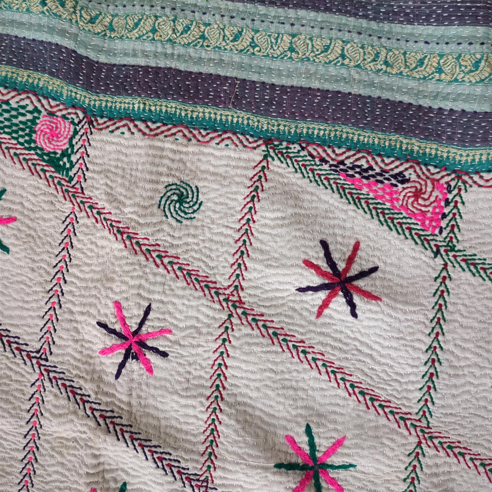 ヴィンテージ カンタキルト ラリーキルト 刺繍が可愛いカラフルお花 ソファカバー・マルチカバー #337