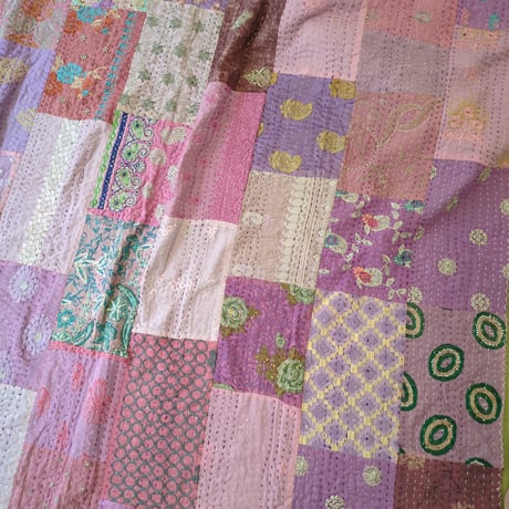 【M】ヴィンテージインテリア カンバディアキルト パープル パステルカラー多め #353