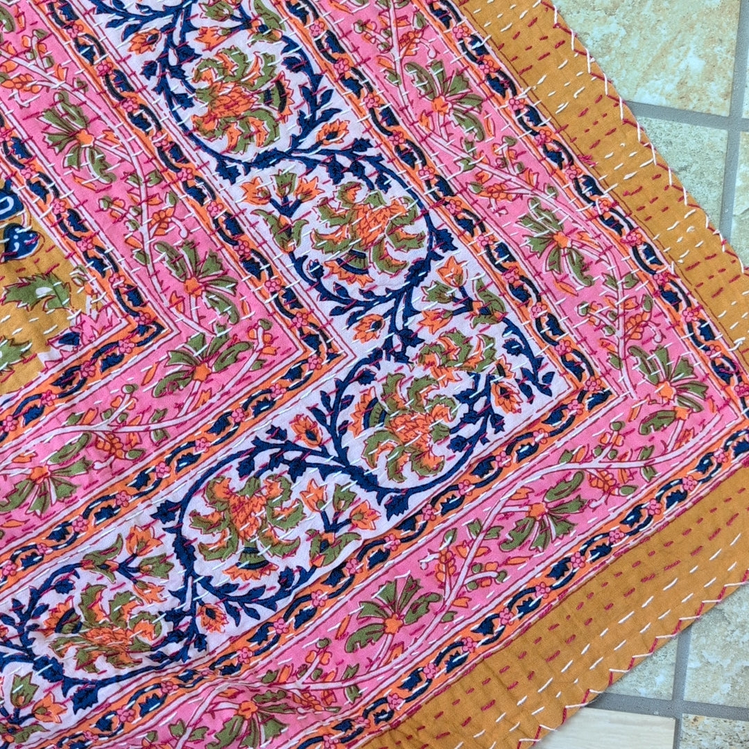 【L】桃色花織 ハンドブロックプリント Block print カンタキルト ベッドカバー ＃771