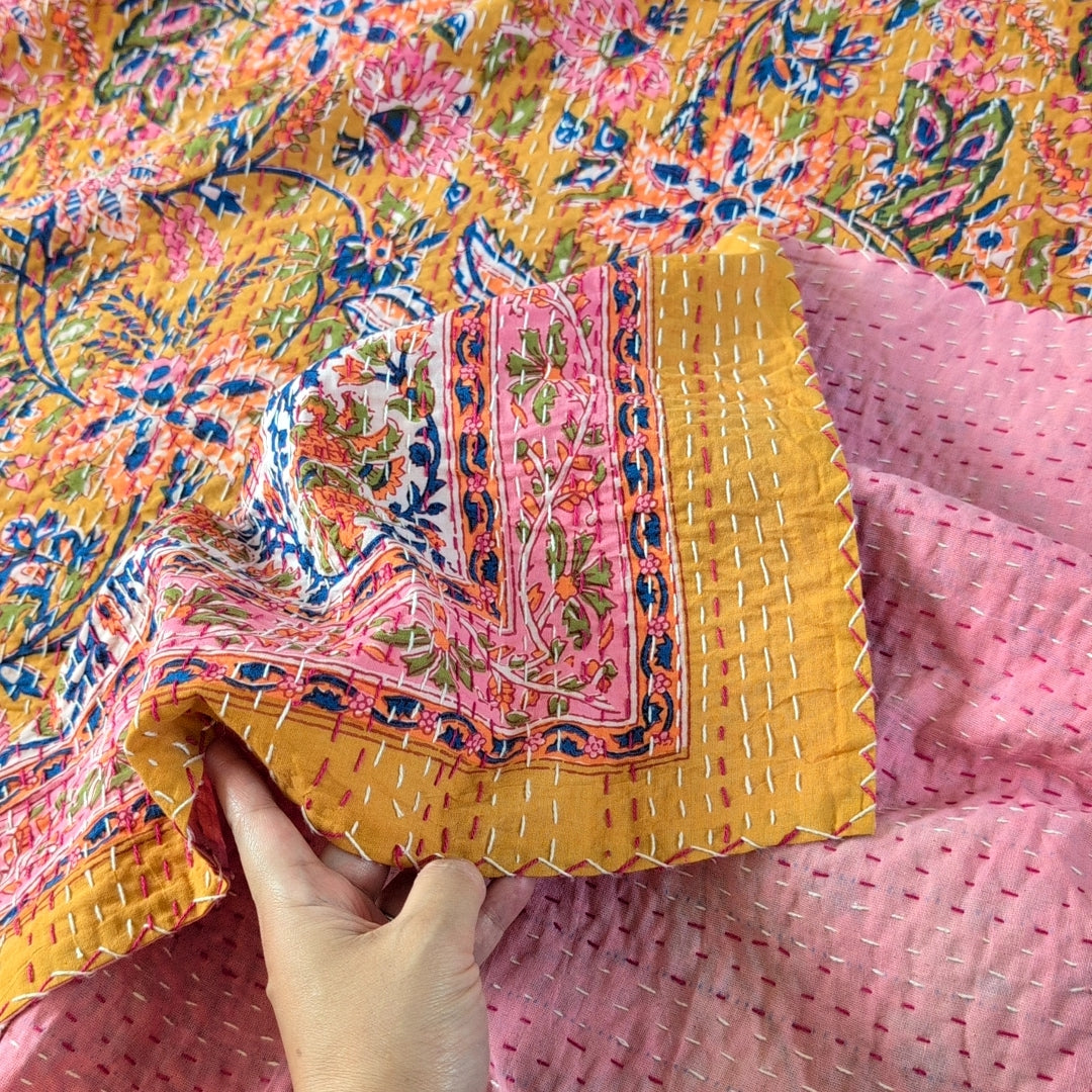 【L】桃色花織 ハンドブロックプリント Block print カンタキルト ベッドカバー ＃771