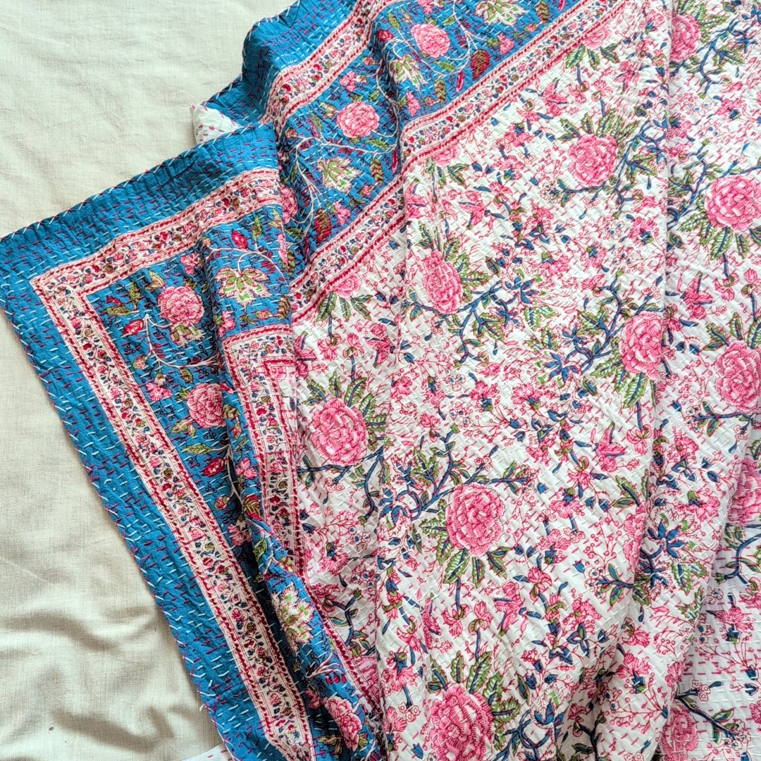【L】ブルーローズ ハンドブロックプリント Block print カンタキルト マルチカバー #772