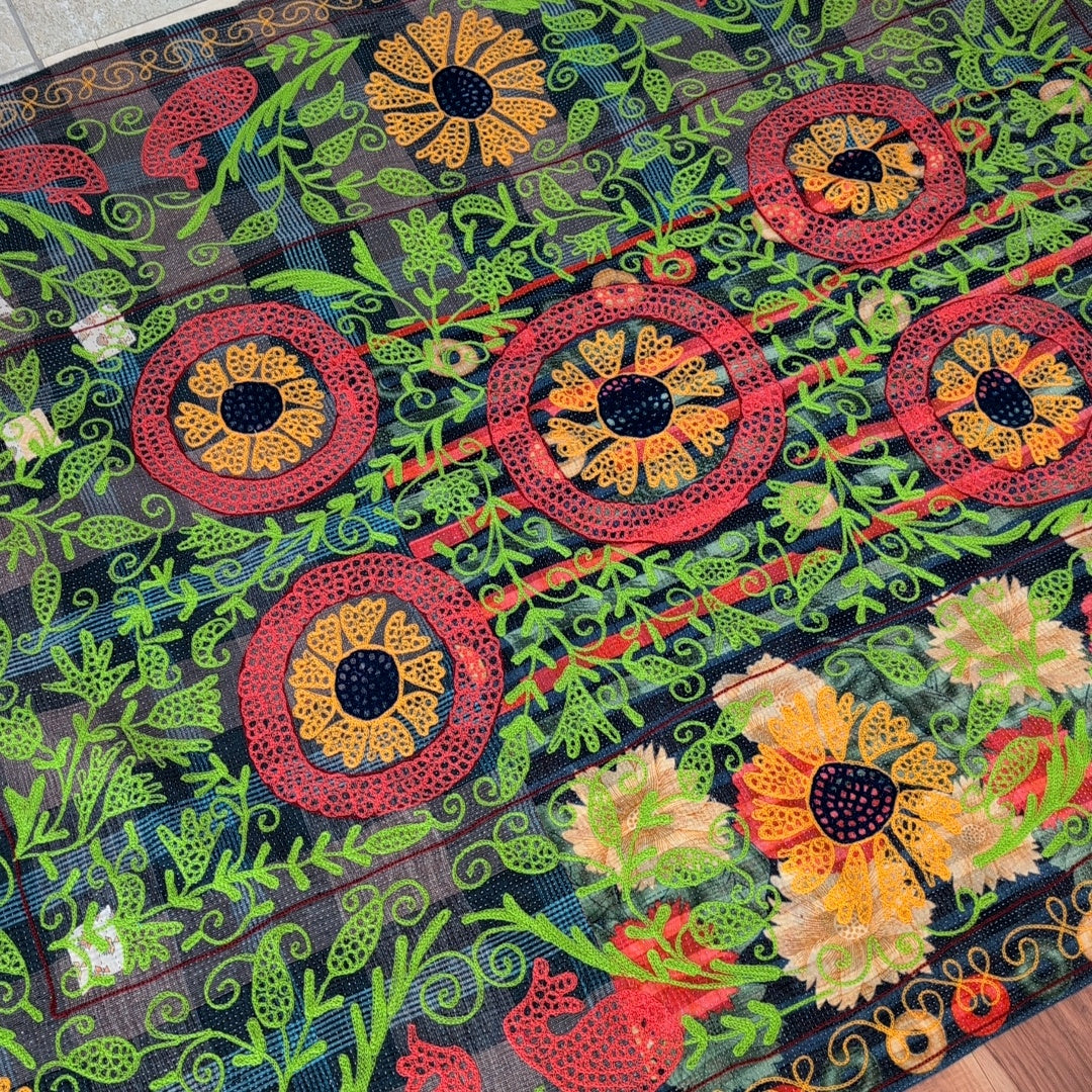 「L」大輪の花グリーン スザニ刺繍 刺子布 ソファカバー ヴィンテージ カンタキルト ラリーキルト #877
