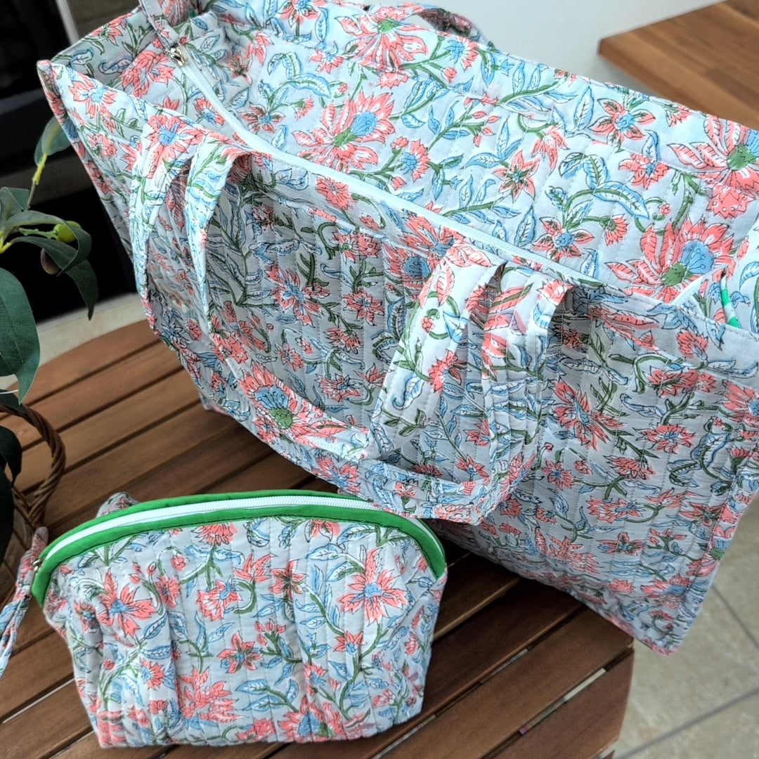 ブロックプリント　block print インド伝統工芸品 花がら　オリジナルデカデカトートバッグ&ポーチ＃895