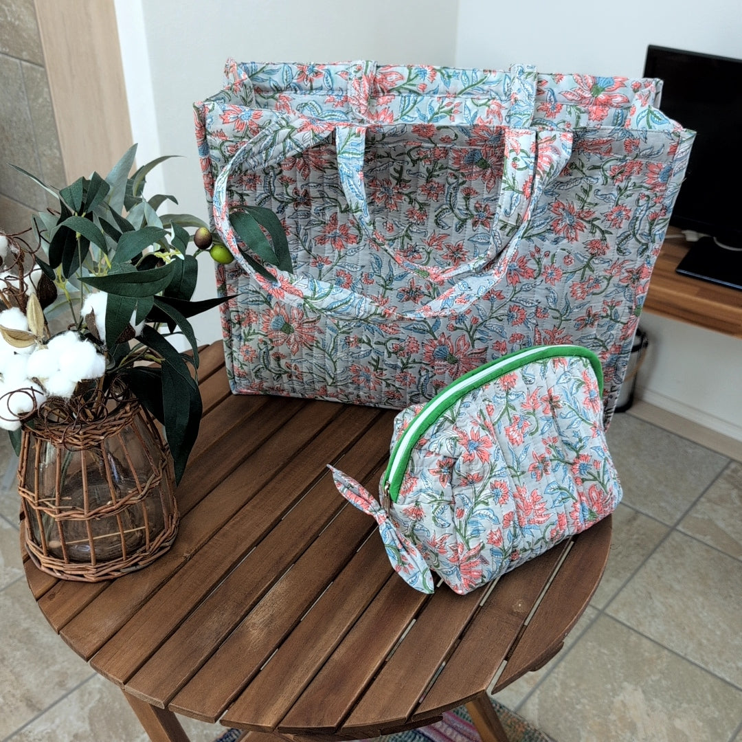 ブロックプリント　block print インド伝統工芸品 花がら　オリジナルデカデカトートバッグ&ポーチ＃895