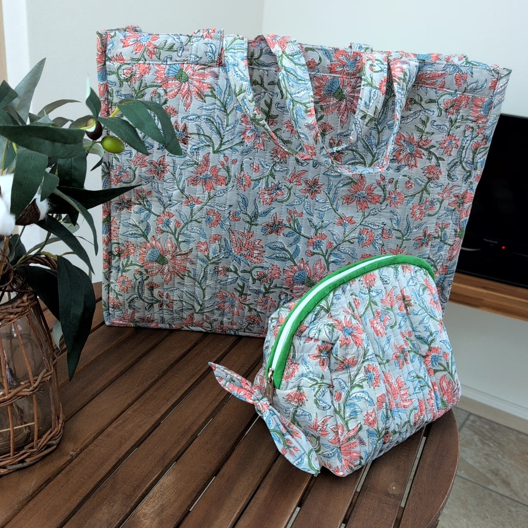 ブロックプリント　block print インド伝統工芸品 花がら　オリジナルデカデカトートバッグ&ポーチ＃895