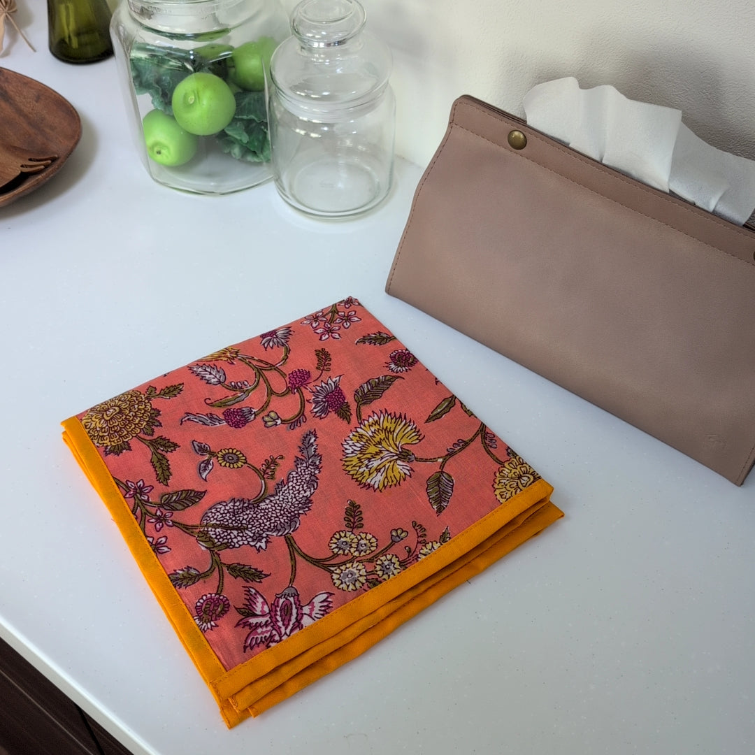 オレンジ花柄 ハンドブロックプリント blockprint リバーシブル 敷物 ナフキン #904