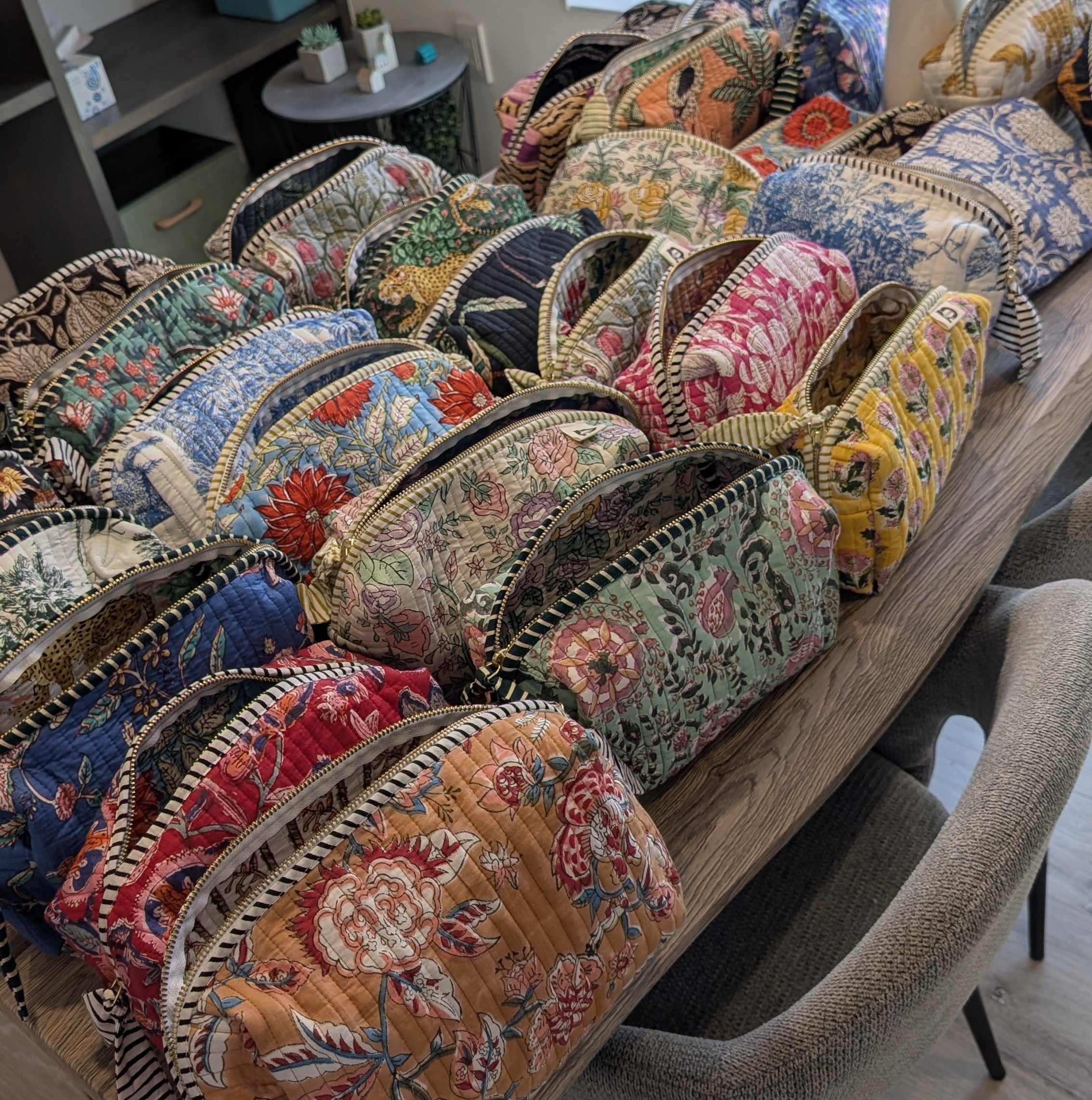 【L】オリジナルソフトビッグポーチ ハンドブロックプリント　block print インド　Handmade  ママポーチ　旅行ポーチ