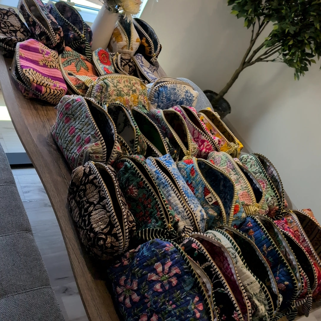【L】オリジナルソフトビッグポーチ ハンドブロックプリント　block print インド　Handmade  ママポーチ　旅行ポーチ