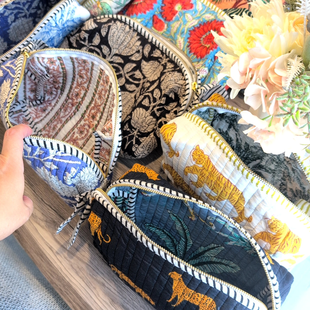 【L】オリジナルソフトビッグポーチ ハンドブロックプリント　block print インド　Handmade  ママポーチ　旅行ポーチ