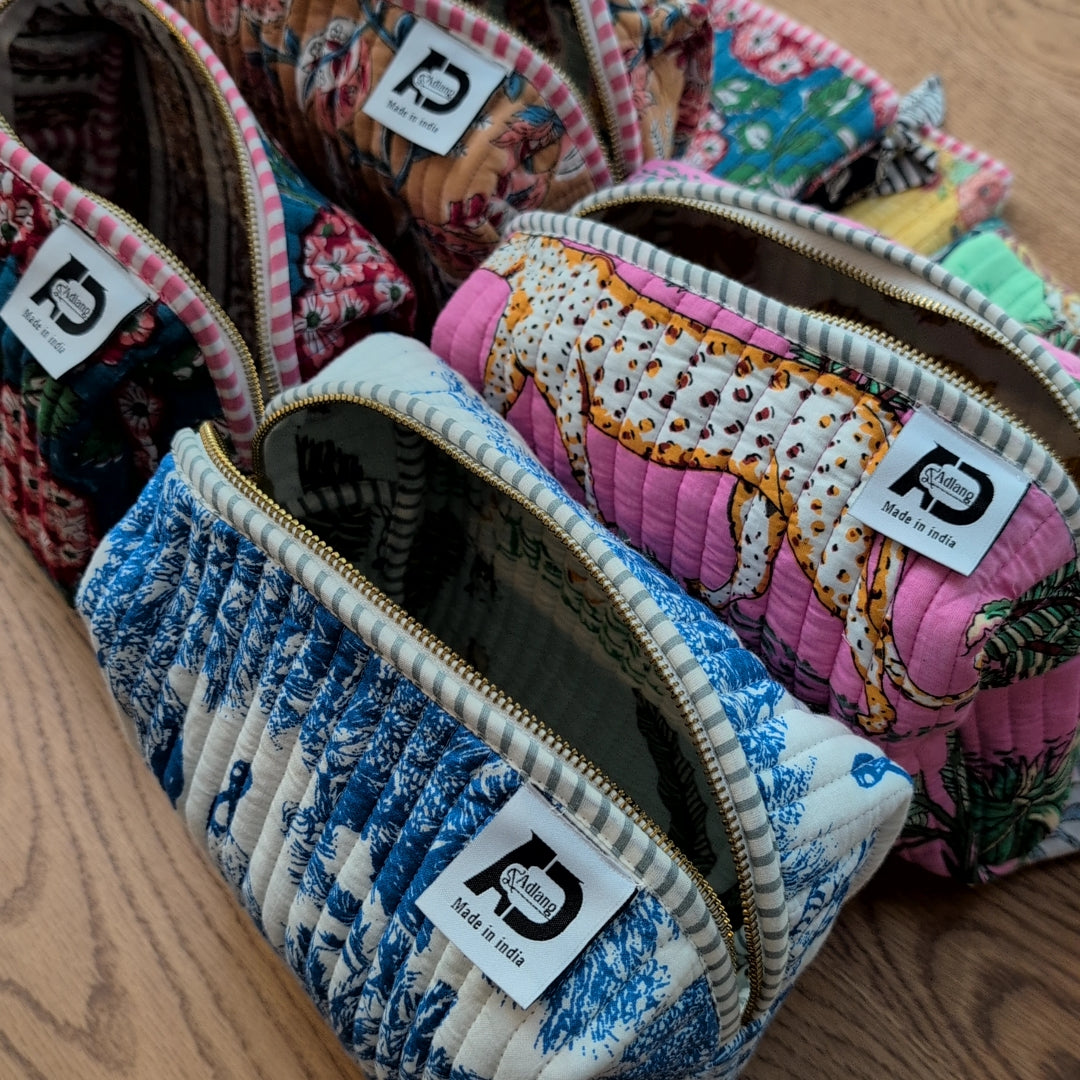 【L】オリジナルビッグポーチ ハンドブロックプリント　block print インド　Handmade  ママポーチにも