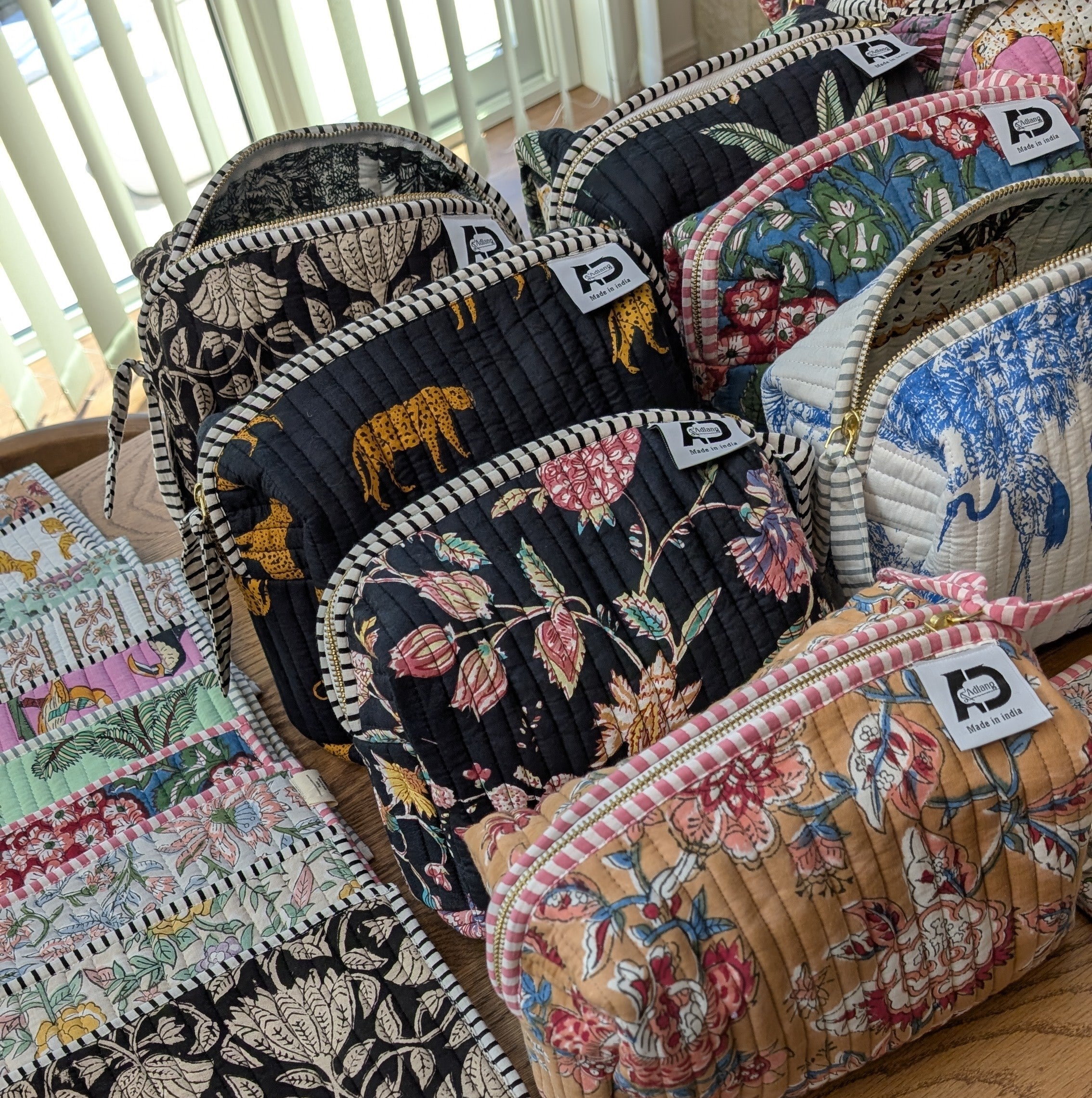【L】オリジナルビッグポーチ ハンドブロックプリント　block print インド　Handmade  ママポーチにも