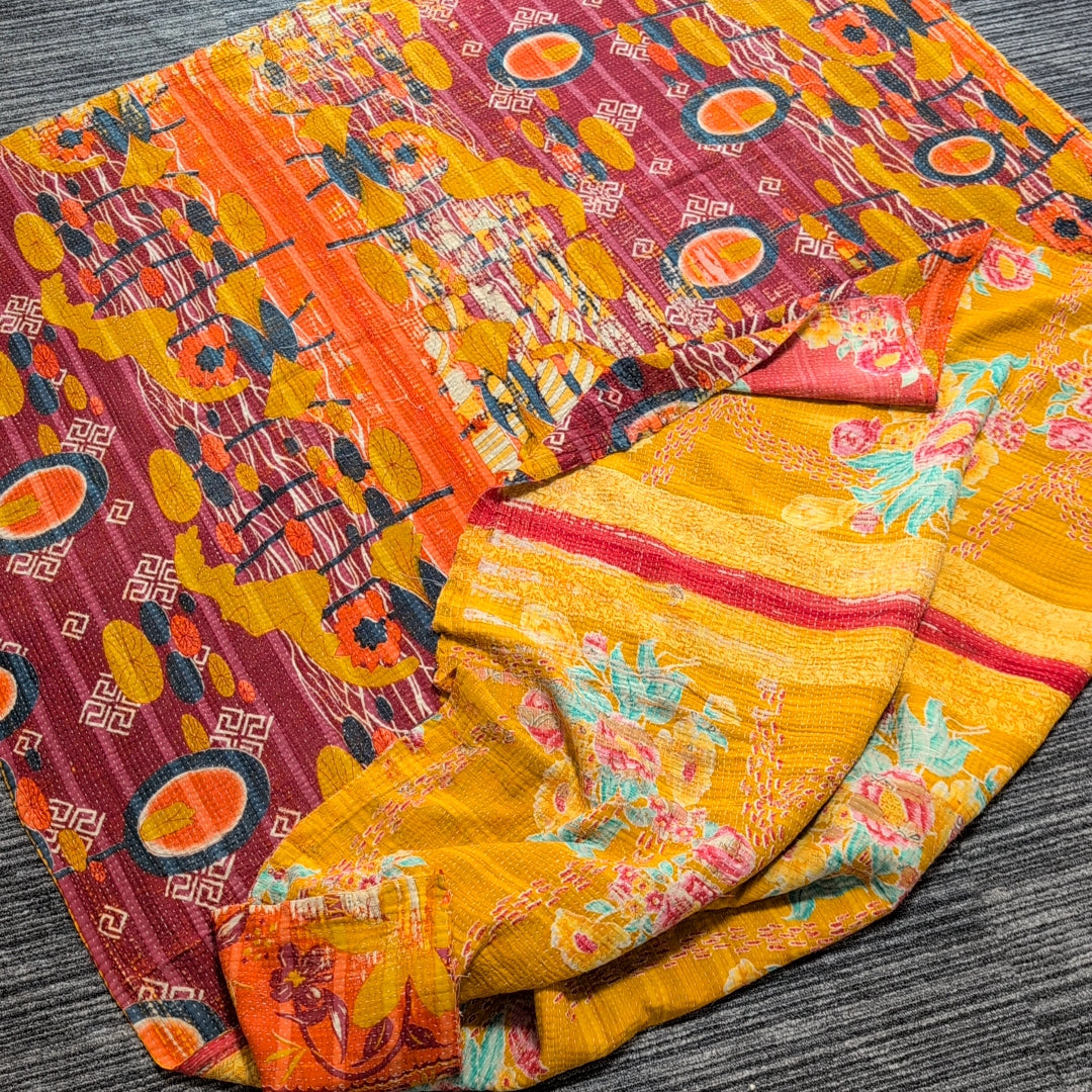 ヴィンテージカンタキルト ラリーキルト kantha マルチカバー ［黄砂の華］#1148