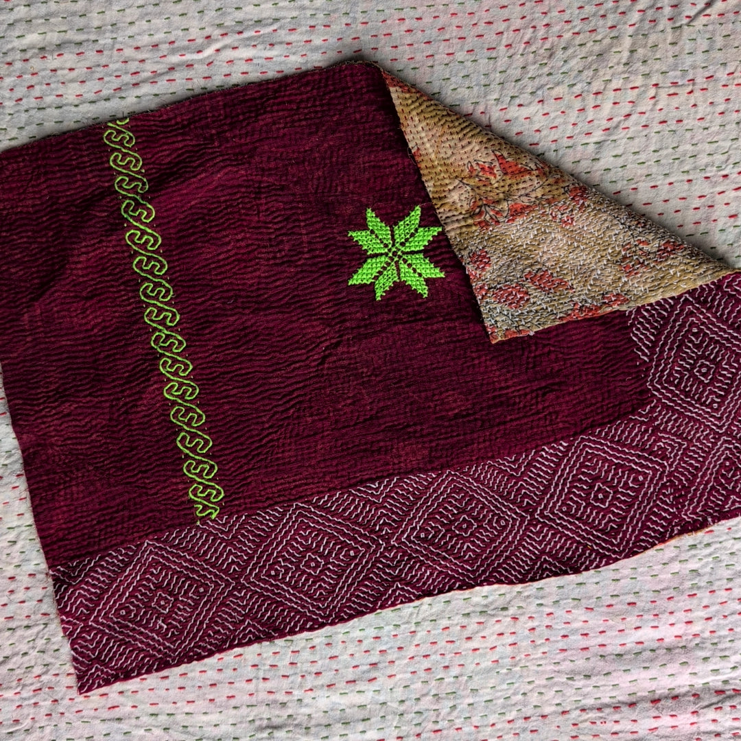 ヴィンテージカンタキルト生地｜ラリーキルト｜刺繍刺し子布｜ハギレ カットクロス＃1177