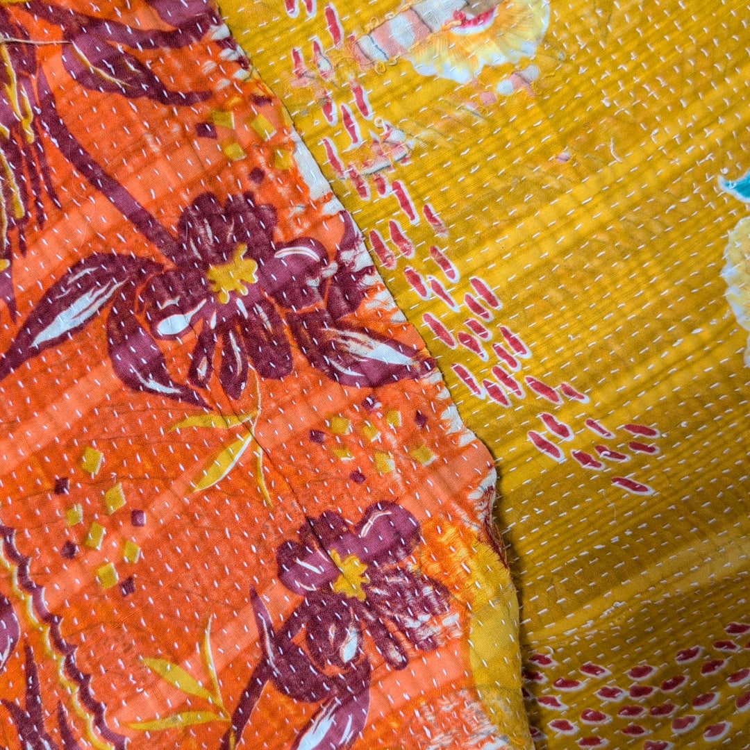 ヴィンテージカンタキルト ラリーキルト kantha マルチカバー ［黄砂の華］#1148