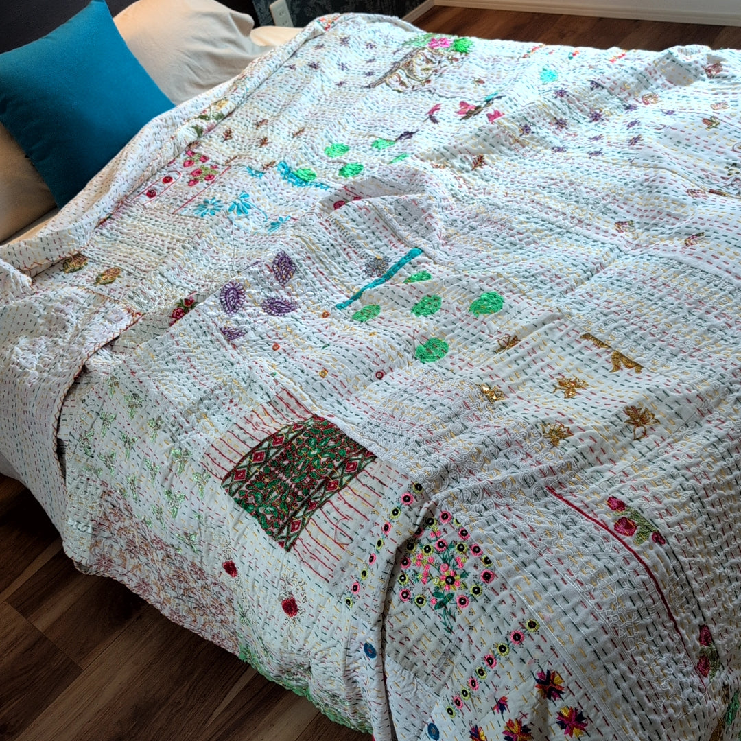 【L】ヴィンテージカンバディアキルト ベッドスプレッド 刺繍姫キルト ［ホワイトチョコ］ #948