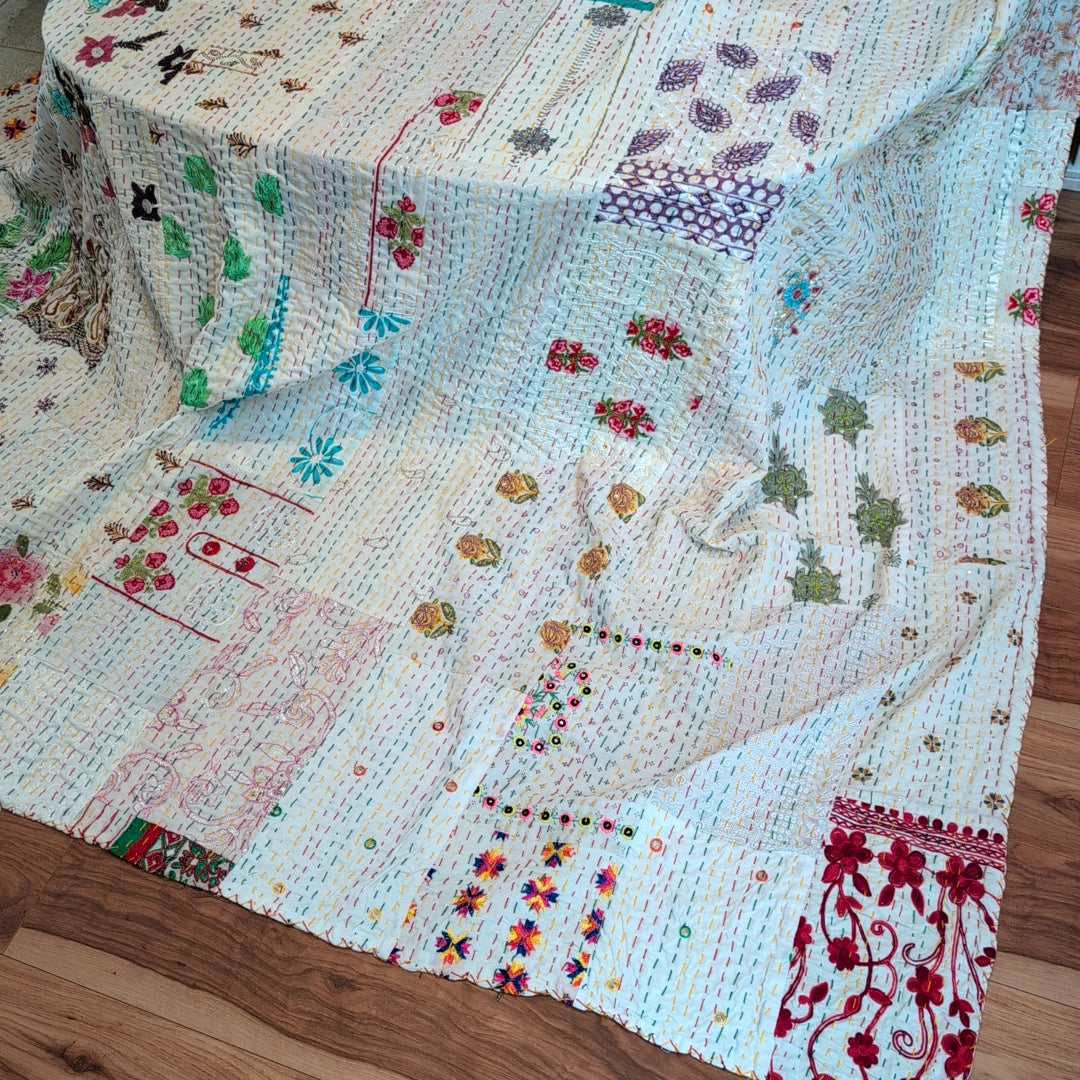 【L】ヴィンテージカンバディアキルト ベッドスプレッド 刺繍姫キルト ［ホワイトチョコ］ #948