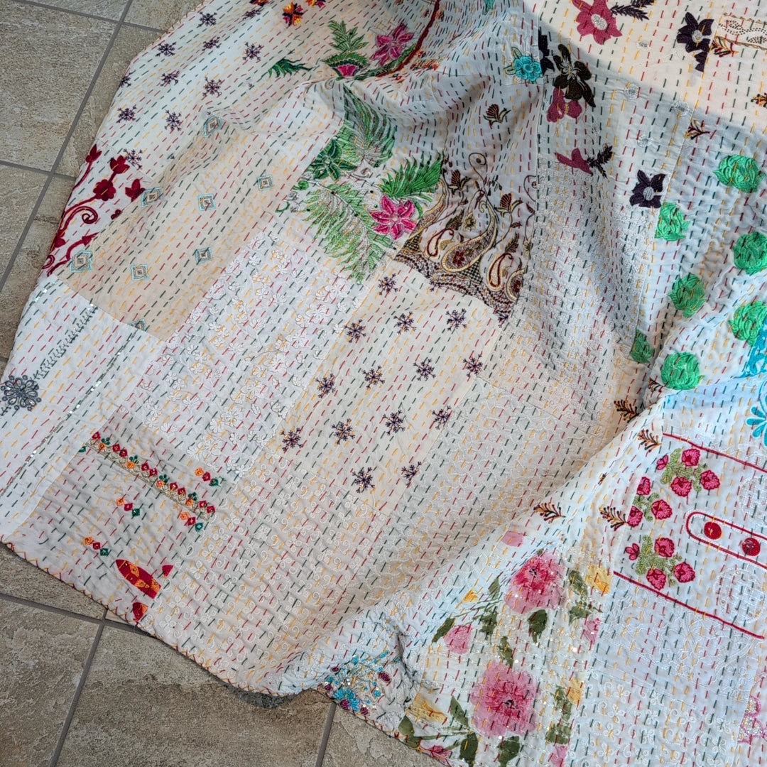 【L】ヴィンテージカンバディアキルト ベッドスプレッド 刺繍姫キルト ［ホワイトチョコ］ #948