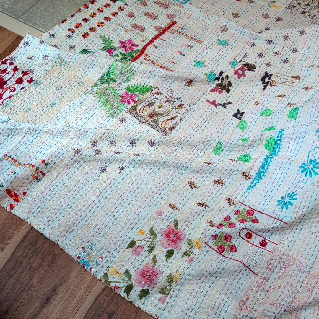 【L】ヴィンテージカンバディアキルト ベッドスプレッド 刺繍姫キルト ［ホワイトチョコ］ #948