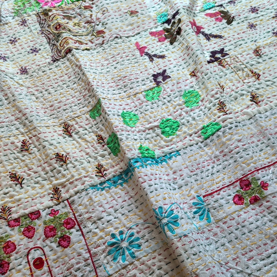 【L】ヴィンテージカンバディアキルト ベッドスプレッド 刺繍姫キルト ［ホワイトチョコ］ #948