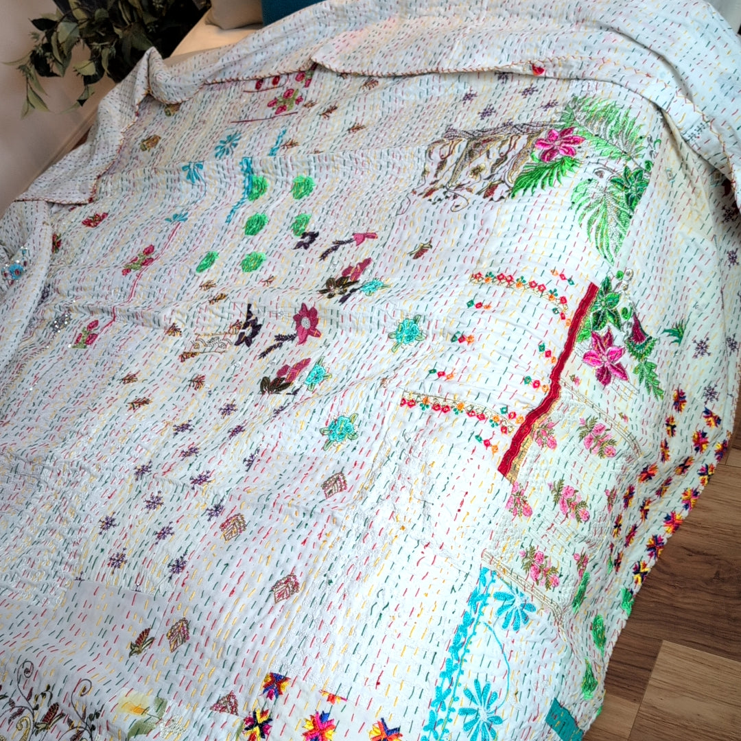 【L】ヴィンテージカンバディアキルト ベッドスプレッド 刺繍姫キルト ［ホワイトチョコ］ #948