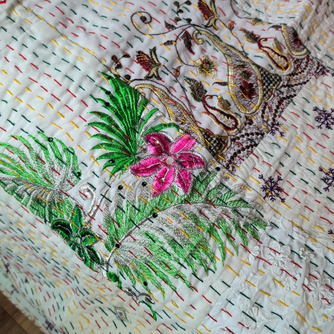 【L】ヴィンテージカンバディアキルト ベッドスプレッド 刺繍姫キルト ［ホワイトチョコ］ #948