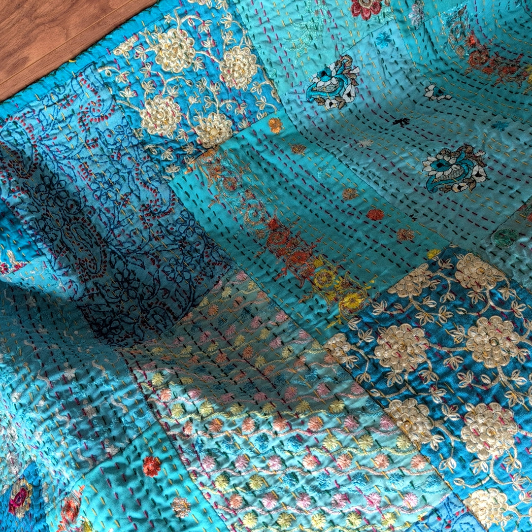 【L】ヴィンテージカンバディアキルト ベッドスプレッド 刺繍姫キルト ［フラワーソーダ］ #949
