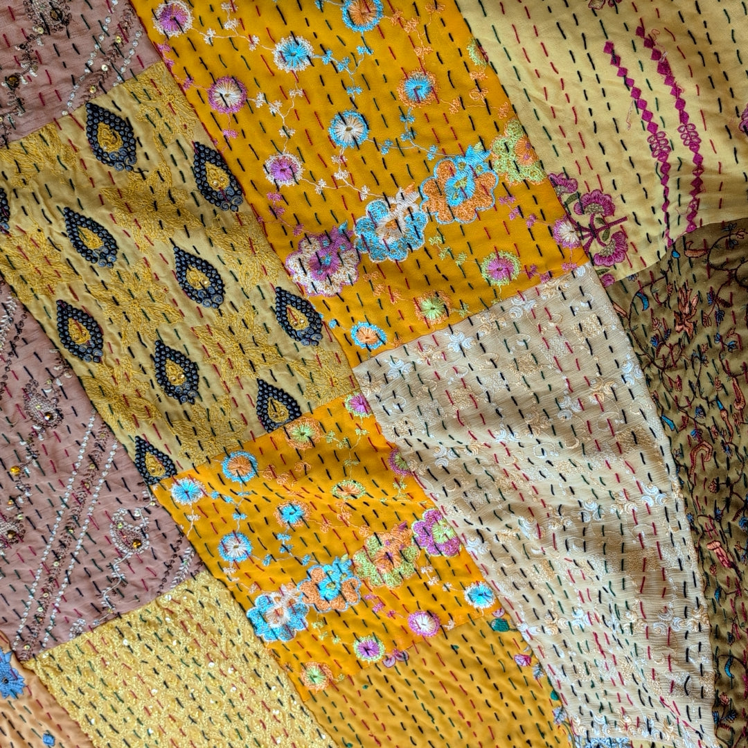 【L】ヴィンテージカンバディアキルト ベッドスプレッド 刺繍姫キルト ［ミモザイエロー］ #950