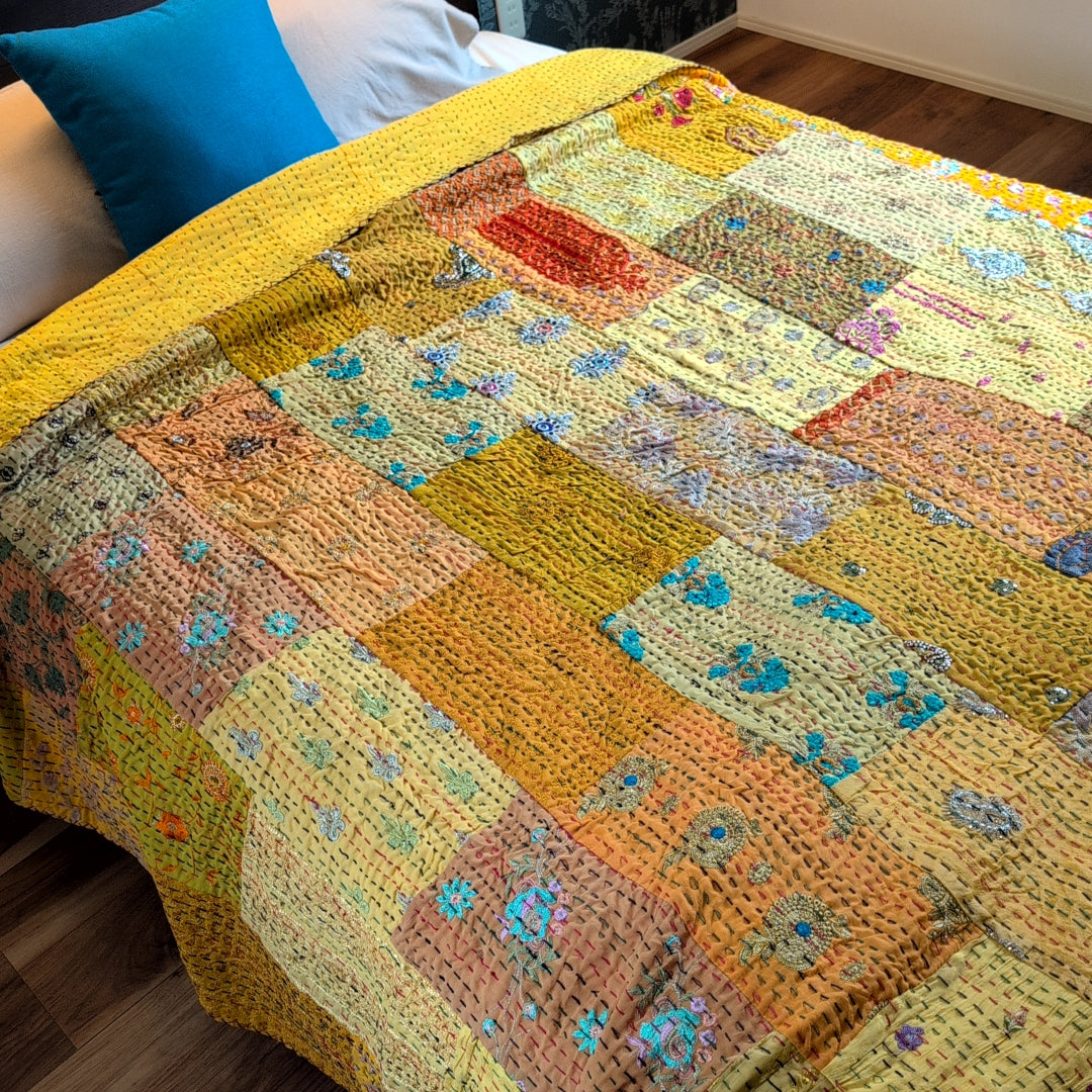 【L】ヴィンテージカンバディアキルト ベッドスプレッド 刺繍姫キルト ［ミモザイエロー］ #950