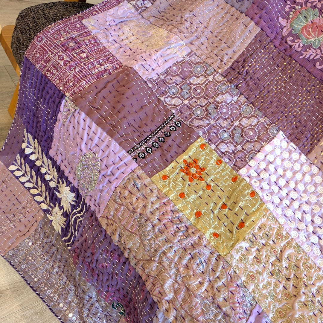 【M】ヴィンテージキルト 刺繍 カンバディアキルト 姫キルト ［プリンセスパープル］ #1226