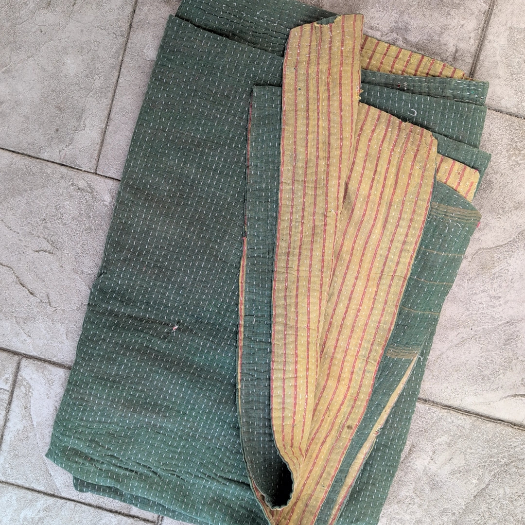ヴィンテージカンタキルト ラリーキルト kantha ブランケット　生地 ［ヴィンテージグリーン］#1141