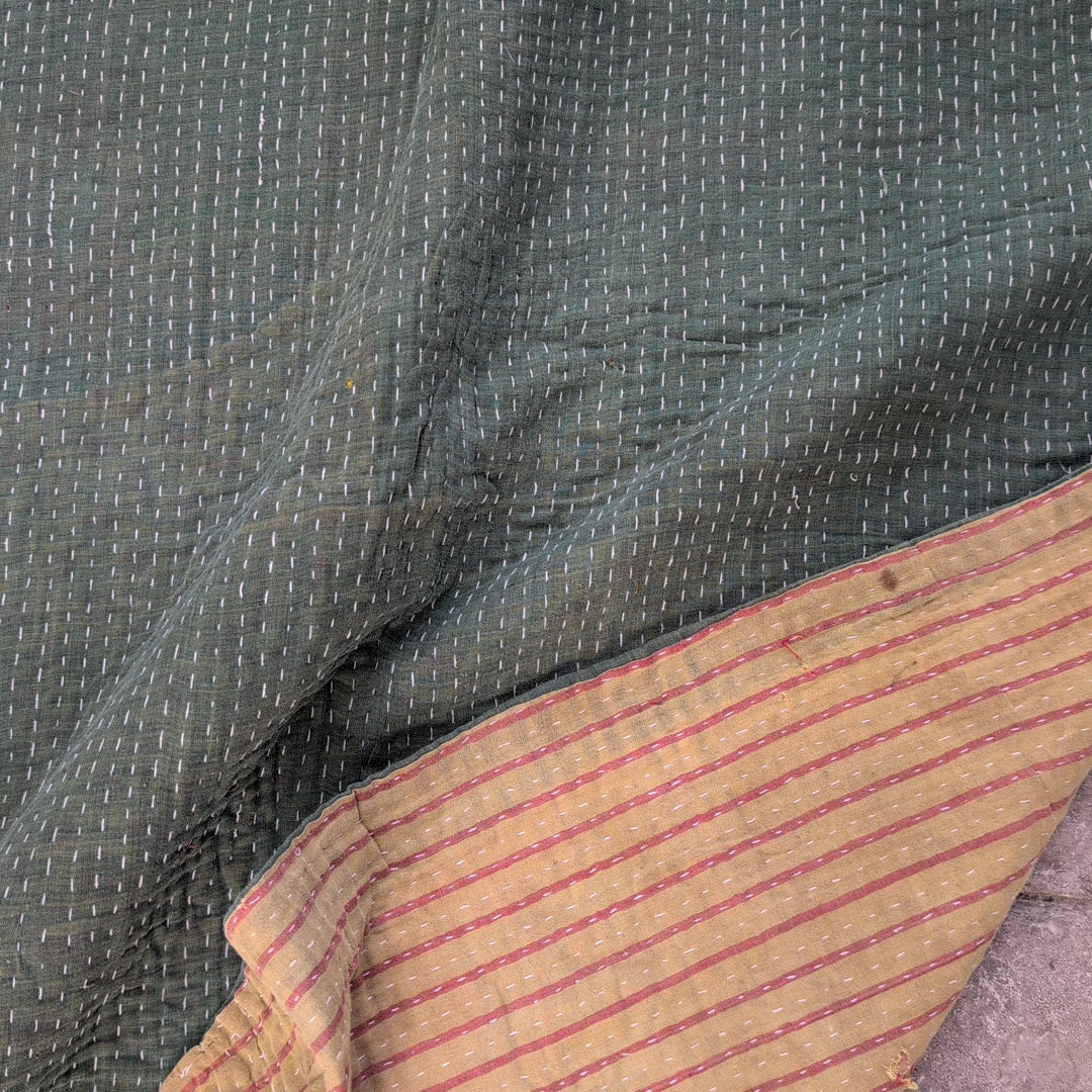 ヴィンテージカンタキルト ラリーキルト kantha ブランケット　生地 ［ヴィンテージグリーン］#1141
