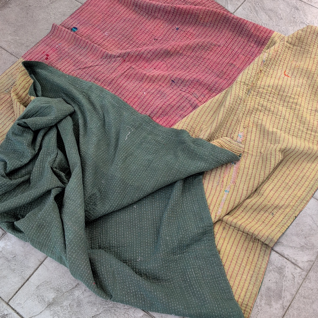 ヴィンテージカンタキルト ラリーキルト kantha ブランケット　生地 ［ヴィンテージグリーン］#1141