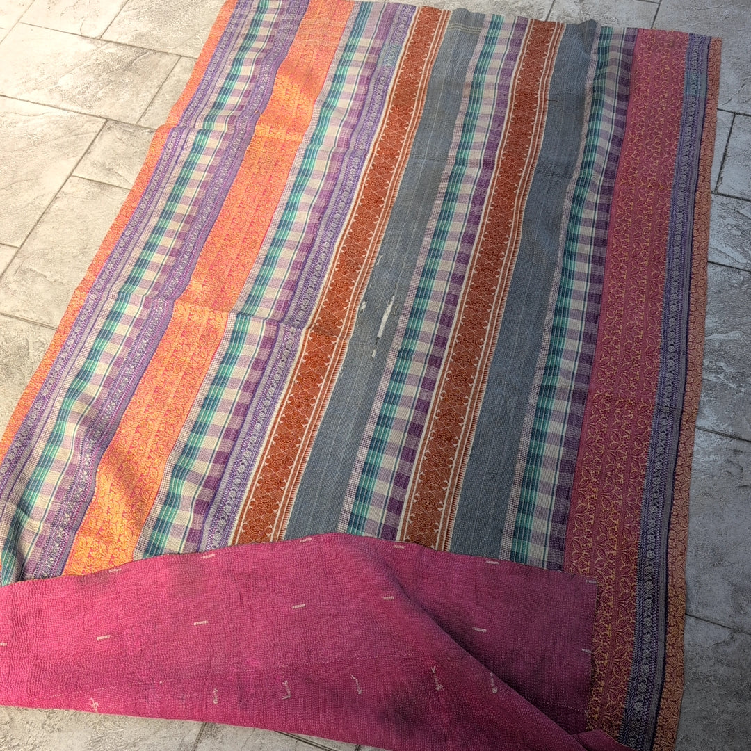 ヴィンテージカンタキルト ラリーキルト kantha 刺子布 ［あずきストライプ］#1142