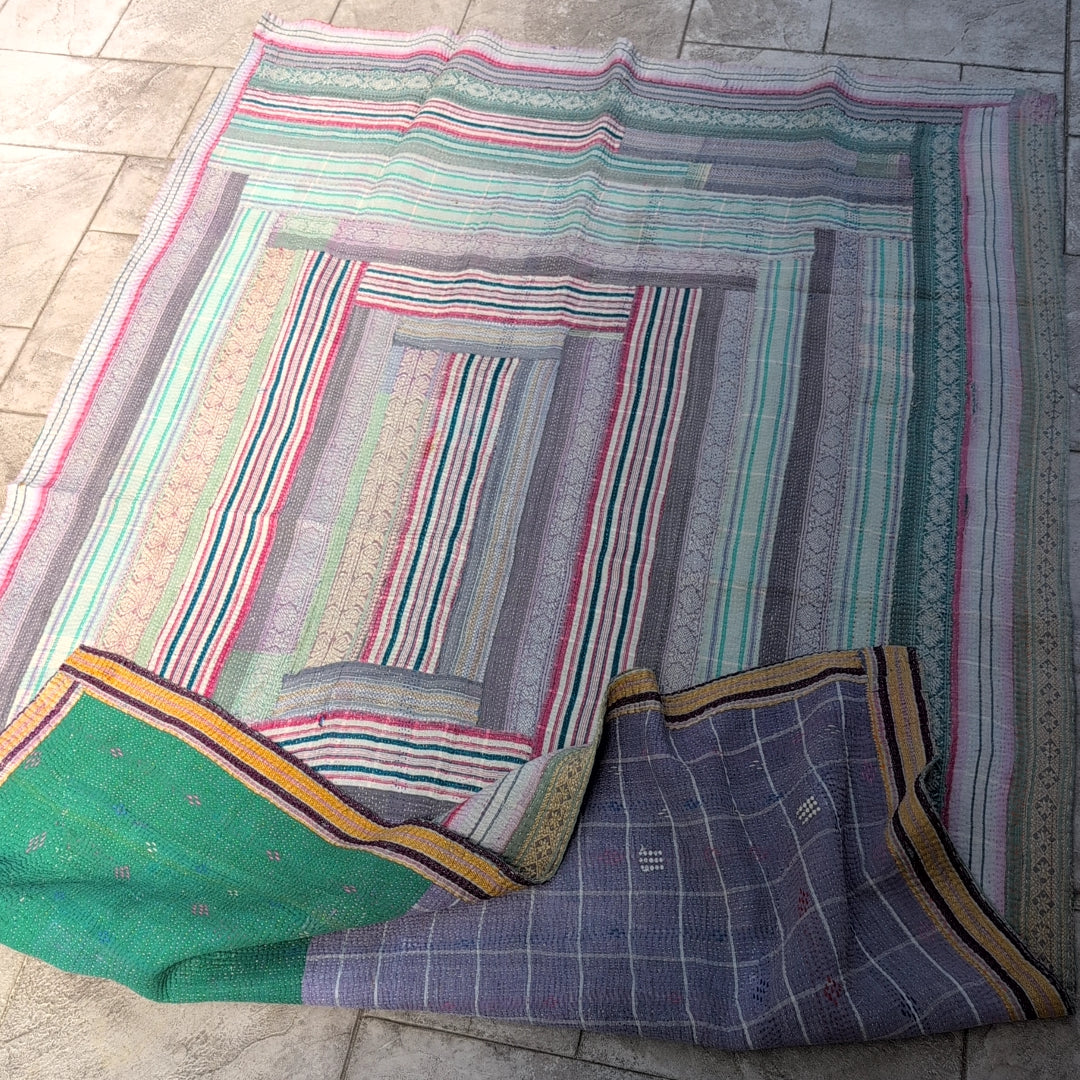 ヴィンテージカンタキルト ラリーキルト kantha ビンテージキルト 刺子布 ［雨上がりのあじさい］#1145