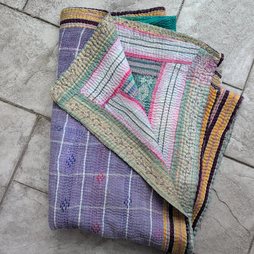 ヴィンテージカンタキルト ラリーキルト kantha ビンテージキルト 刺子布 ［雨上がりのあじさい］#1145