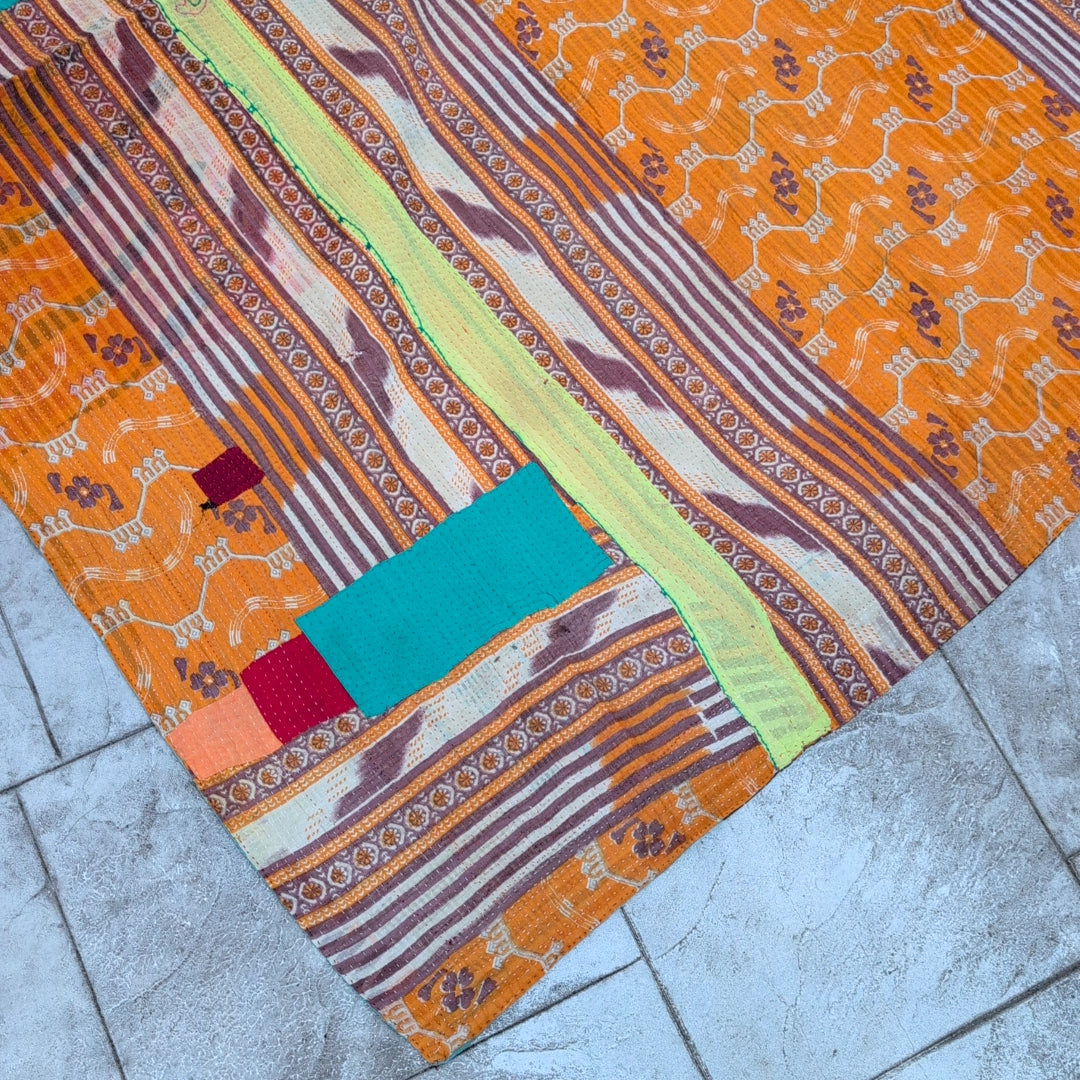 ヴィンテージカンタキルト ラリーキルト kantha マルチカバー ヴィンテージインテリア［サフランの記憶］#1150
